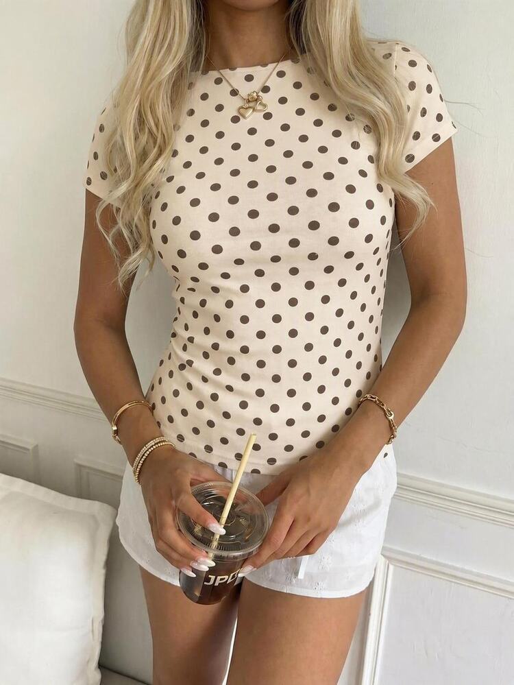 CovetEZ Casual Minimalist 95% Cotton Sexy Cold Shoulder Light Apricot Base Brown Polka Dot Short Sleeve T-Shirt Makes You Look Fairer, Suitable For Spring/Summer, Spring/Summer Clothing Matching, Summer Top, Suitable For Daily Commute, Date, Party, Autumn/Winter/Spring/Summer, Christmas, New Year, Thanksgiving, Party, Wedding, Beach, Graduation Ceremony, Fashion - Multicolor - View 4