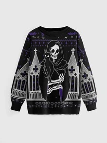 ROMWE Halloween Dark Gothic Skull Mysterious Black Cat Cross Jacquard Loose Fit Plus Size Pullover Sweater - Black - View 1