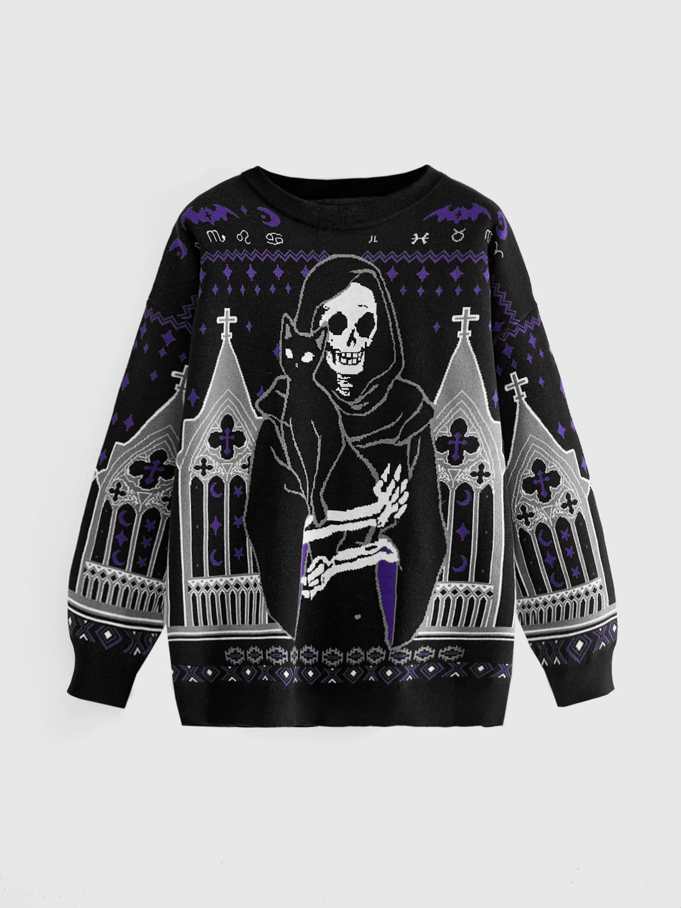 ROMWE Halloween Dark Gothic Skull Mysterious Black Cat Cross Jacquard Loose Fit Plus Size Pullover Sweater - Black - View 1