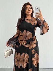 Firerie Plus Size Women's Floral Print Bell Sleeve Elegant Dress - Multicolor - View 3