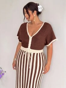 Firerie Plus Size Vintage Vacation Drawstring Tie Contrast Color Knit Dress - Coffee Brown - View 7