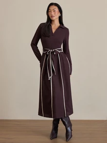 COSMINA Women's Casual Elegant Colorblock Striped Long Sleeve Brown Dress - Dark Brown - View 1