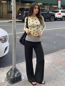 Aloruh 女款黑白條紋對比腰部設計優雅性感日常通勤居家約會晚餐休閒時尚低腰繫帶長褲秋季 - 黑色 - 查看 6