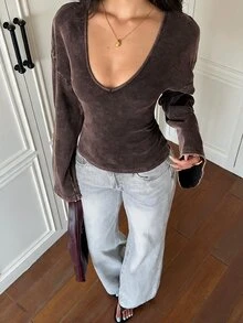 SHEIN EZwear 女款素色休閒日常長袖T恤 - 棕色 - 查看 7