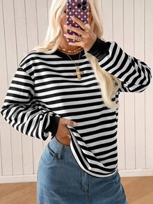SHEIN EZwear 女款黑白條紋休閒舒適針織長袖衛衣，秋冬款 - 黑與白 - 查看 6