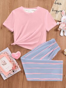 少女休閒甜美風極簡條紋圓領短袖長褲家居服套裝，適合日常居家穿著，舒適自在，休閒穿搭，時尚女孩風 - 彩色 - 查看 5