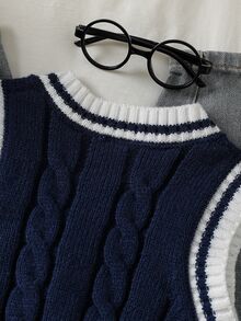 Souflis Souflis Young Boy Striped Colorblock Cable Knit Vest - Navy Blue - View 7