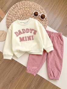 SHEIN 女嬰字母刺繡運動衫與長褲套裝 - 粉色 - 查看 3