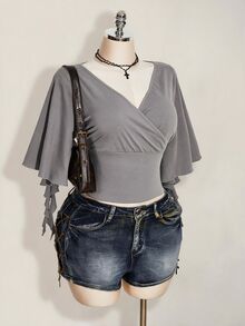 SHEIN ICON 女款大尺碼交叉V領抓褶純色T恤 - 灰色 - 查看 5