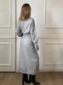 DAZY Autumn/Winter Round Neck Loose Minimalist Casual Commute Grey Women Sweater Dress - Grey - View 6