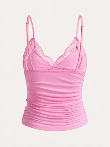 SHEIN ICON 對比色蕾絲抓皺 Y2K 細肩帶背心上衣 - 粉色 - 查看 2