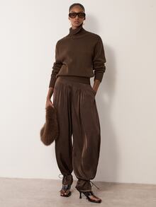 MERLEAU Women's Modern Satin Brown Balloon Pants - Brown - View 7