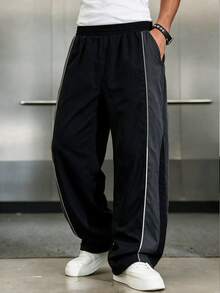 SHEIN Kids Tween Boy Casual Sports Versatile Straight Leg Side Colorblock Patchwork Sweatpants, Suitable For Outdoor Sports, School, Spring, Summer, Autumn, Winter - Black - View 3