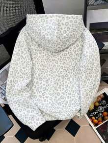 1件青少年女孩秋冬休閒豹紋字母圖案連帽拉鍊運動衫，秋季落肩長袖口袋夾克 - 灰色 - 查看 2