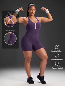 Powerista Women's Plus Size Zipper Half-Placket Striped Colorblock Sports Romper - Purple - View 2