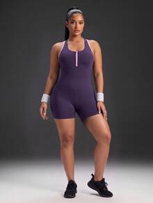 Powerista Women's Plus Size Zipper Half-Placket Striped Colorblock Sports Romper - Purple - View 3