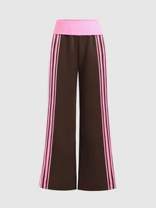 SHEIN 青少年女孩秋冬春季休閒時尚街頭風棕色拼色拼接摺腰側縫織帶裝飾寬鬆寬腿運動長褲 - 棕色 - 查看 5