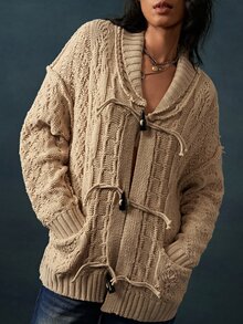 Bohemela Women's Horn Button Drop Shoulder Long Sleeve Knit Cardigan - Khaki - View 1
