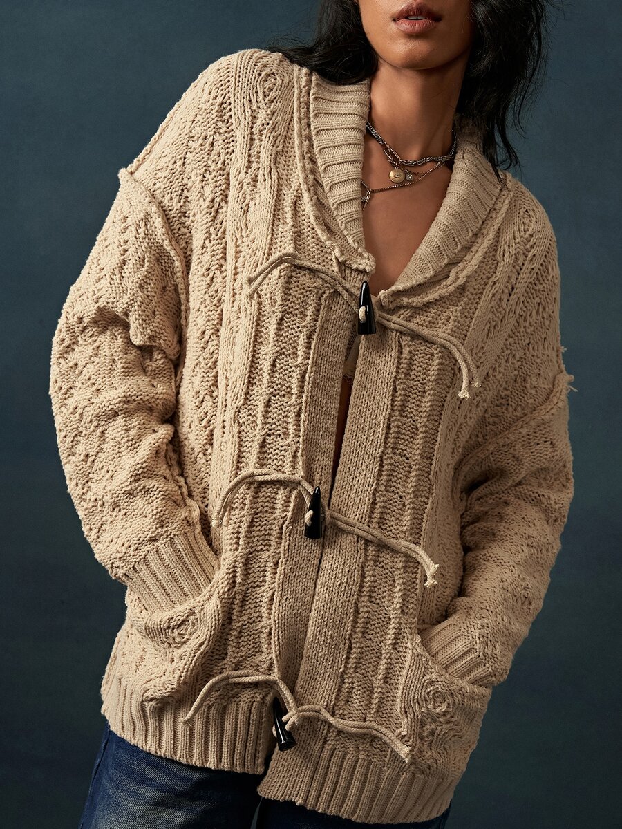 Bohemela Women's Horn Button Drop Shoulder Long Sleeve Knit Cardigan - Khaki - View 1