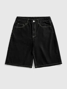 ROMWE Grunge Punk 夏季復古中性街頭龐克蜘蛛網刺繡寬鬆寬腿女款牛仔中長褲 - 黑色 - 查看 2