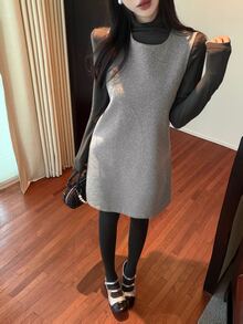 DAZY Autumn/Winter Grey Sleeveless A-Line Wool Tank Dress, Slim Fit Elegant Date Commute Wedding Women's Short Dress - Grey - View 4