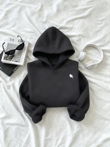 青少年女孩刺繡寬鬆連帽衛衣，舒適厚實柔軟保暖秋季上衣，開學季穿搭 - 深灰色 - 查看 5