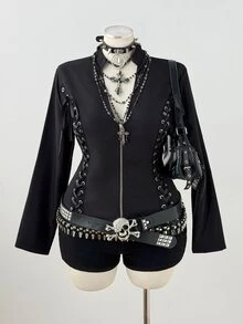 Sunspun Plus Size Dark Style Eyelet Webbing Patchwork Open Front Zipper Long Sleeve Shirt Fall - Black - View 1
