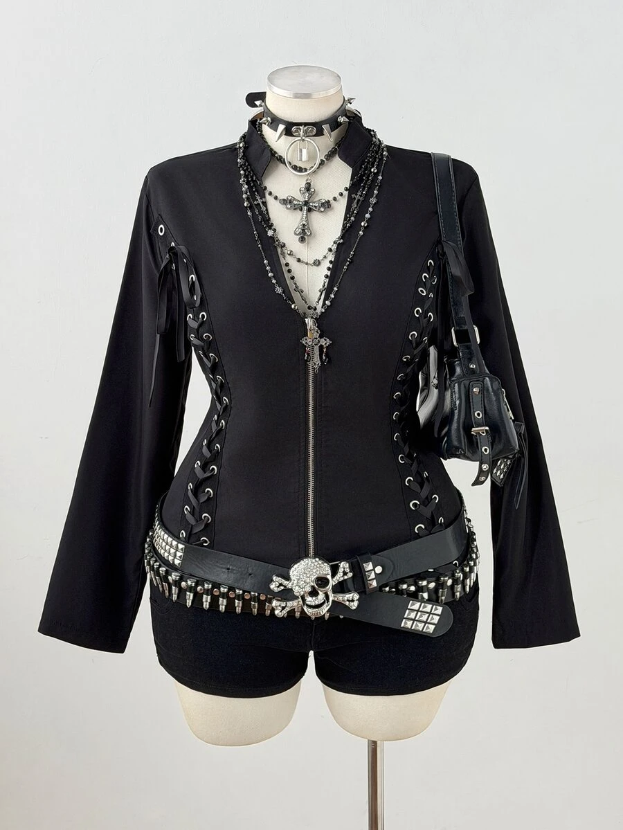 Sunspun Plus Size Dark Style Eyelet Webbing Patchwork Open Front Zipper Long Sleeve Shirt Fall - Black - View 1