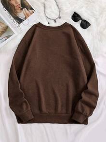 SHEIN LUNE 女款棕色運動衫，成熟戶外上衣，愛心刺繡，秋冬熱銷款，送給母親的禮物 - 咖啡棕 - 查看 2