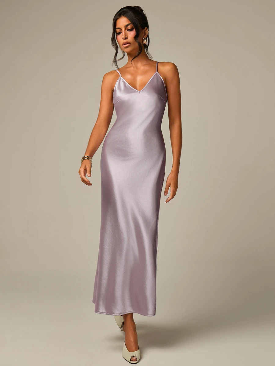 COSMINA Gaun Satin Ungu Elegan Kasual Wanita - Purple - View 1