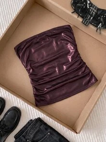 Comfortcana 高彈性 PU 材質抓皺腰部平口上衣 大尺碼女款 - 棕色 - 查看 5