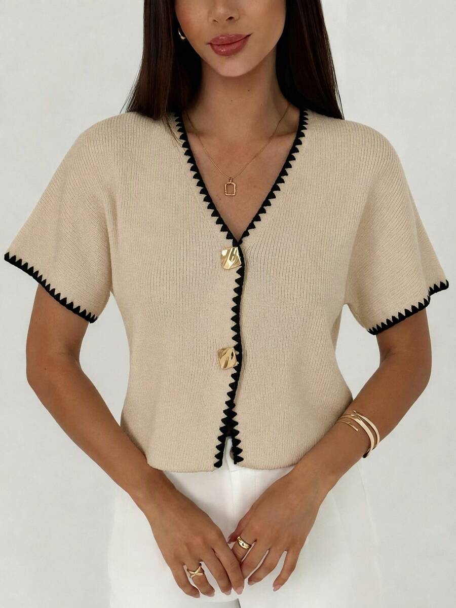 Aloruh Women's Metal Button Shell Embroidery Knit Thin Cardigan - Khaki - View 1