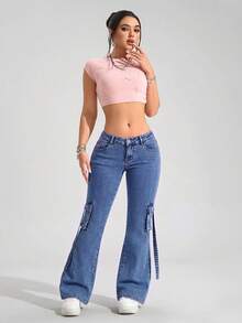 SHEIN PETITE Celana Jeans Denim Model Bell Bottom Pinggang Rendah Kasual dengan Desain Washed - Biru - View 3