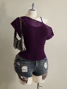 SHEIN ICON Plus Size Solid Color Asymmetrical Collar T-Shirt, Summer - Purple - View 5