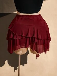 SHEIN ICON 女款大尺碼綁帶荷葉邊下擺迷你裙 - 酒紅色 - 查看 2