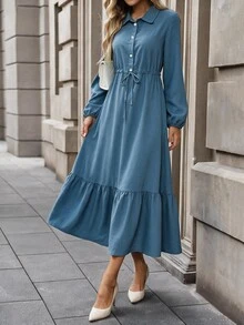 SHEIN LUNE 歐美風收腰繫帶荷葉邊拼接下擺燈籠袖領口襯衫洋裝，單排扣A字版型，適合辦公、早午餐與工作場合 - 霧霾藍 - 查看 5