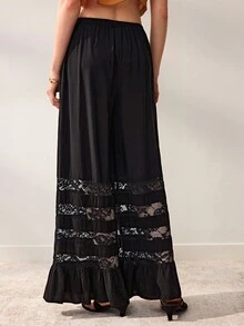 Willow Rêve Celana Panjang Wanita Hitam Longgar dengan Kaki Lebar, Desain Warna Polos dengan Hiasan Renda, Tali Serut, dan Hem Bergelombang, Gaya Bohemian Romantis dan Pastoral; Cocok untuk Festival Musik Musim Panas dan Pakaian Liburan - Hitam - View 2