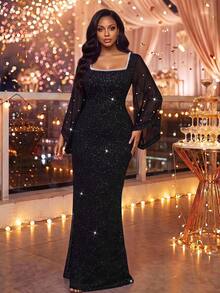 Fleurora Plus Size Exquisite Sequin & Faux Pearl Decorated Dress - Black - View 7