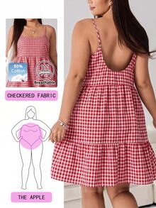 Solflare Plus Size Plaid Ruffle Hem Cami Dress - Red and White - View 1