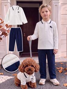 SHEIN Genkimix Kids 2件組青少年男孩套裝，舒適長袖領口 Polo T恤，胸前小馬刺繡設計，搭配海軍藍休閒長褲，鬆緊腰設計，寬鬆版型，適合秋季度假、日常外出等場合 - 白色 - 查看 2
