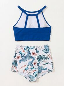 Swim Lushoire 女款沙灘短版背心上衣與熱帶植物印花三角分體式泳褲比基尼泳衣套裝 - 藍色 - 查看 2