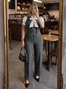 SHEIN MOD 大尺碼優雅商務正式缺口領背心與長褲兩件套，適合秋冬通勤與日常穿著 - 深灰色 - 查看 3