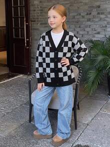 DAZY Tween Girl) Plaid Colorblock Loose Cardigan Casual Sweater Autumn/Winter Long Sleeve Open Front Jacket - Dark Grey - View 4
