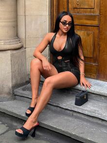 SHEIN SXY 鏤空露背掛脖連身緊身衣連身褲 - 黑色 - 查看 4