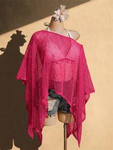 SHEIN ICON 女款大尺碼春夏鏤空網紗杏色上衣 - 玫紅色 - 查看 3