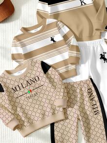 Randomly Ships 1 Of 3 Sets, 2-Piece Set, 3 Sets Of Striped Randomly Shipped 1 Set, Fleece Striped Color Block, Casual Fashion Sports Style Classic 3 Sets Color Block Patchwork King Letter, Knight Logo Print Crew Neck Sweatshirt And Matching Long Pants Set - Multicolor - View 4