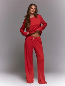 MUSERA Pointelle Bow Button Down Detail Loose Fit Pajama Coord Bottoms Pajama Christmas Winter Autumn Fall Santa Baby - Red - View 1