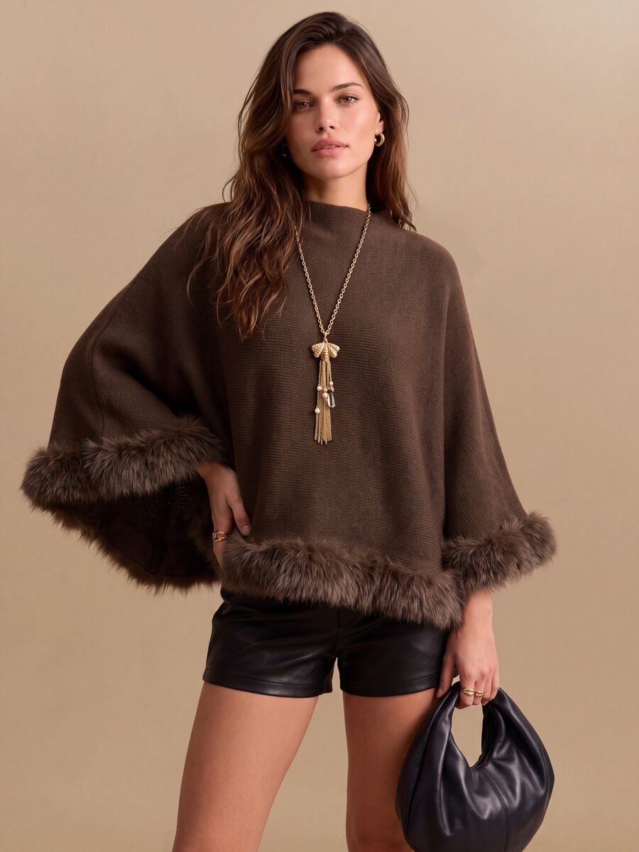 CielaLinda Autumn/Winter Elegant Fluffy Patchwork Cape Knit Sweater - Brown - View 1