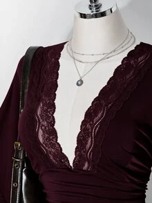 SHEIN ICON 女款大尺碼復古性感千禧風Y2K簡約休閒優雅通勤都市現代蕾絲P - 棕色 - 查看 6
