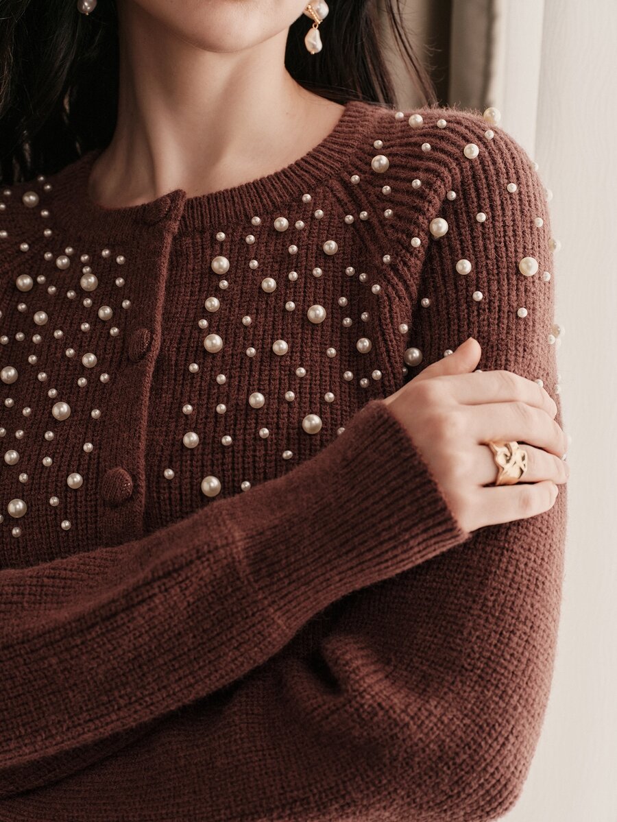 Anewsta Autumn/Winter Slouchy Relaxed Chic Luxury Fashion Beaded Knit Cardigan For Women, Suitable For Dating And Commuting - Brown - View 1